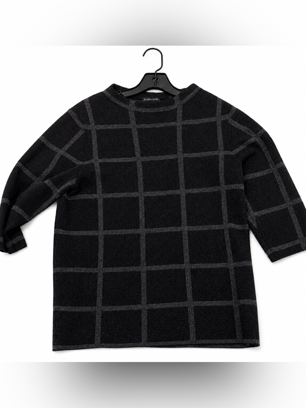 Eileen Fisher Black and Gray Grid Crewneck Sweater